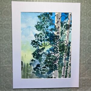 Colorful Birch Tree Watercolor Landscape Wall Art Painting in White Matting